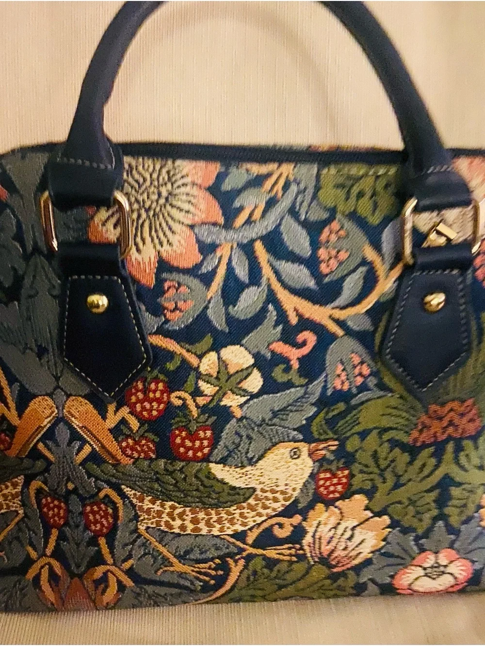 Floral Bird-Embroidered Satchel Handbag - Blue